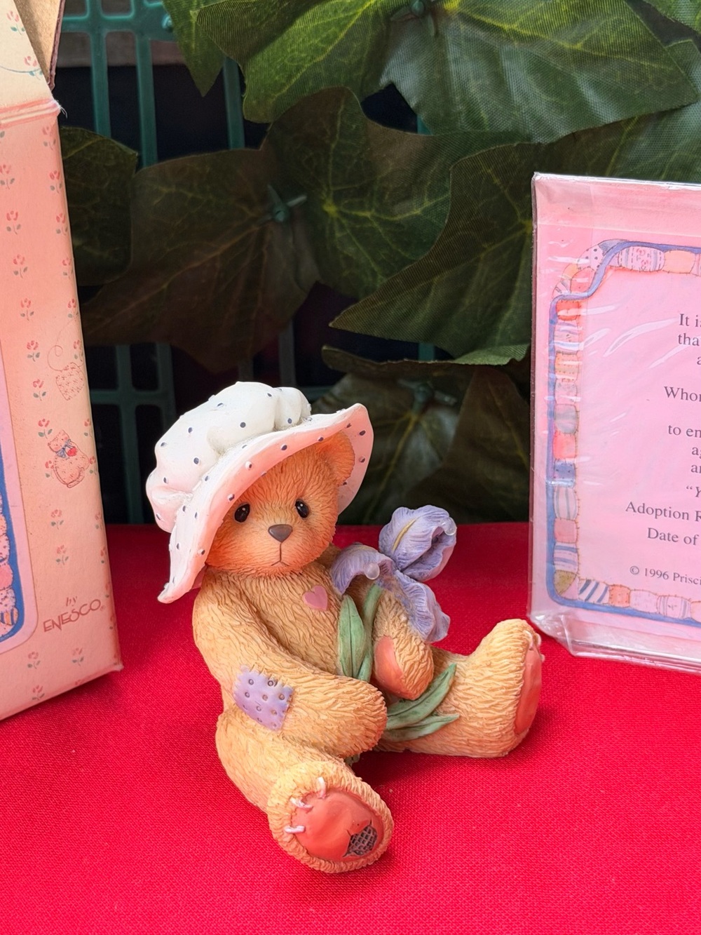 Enesco Peach Bear Figurine with White Hat and Purple Flowers